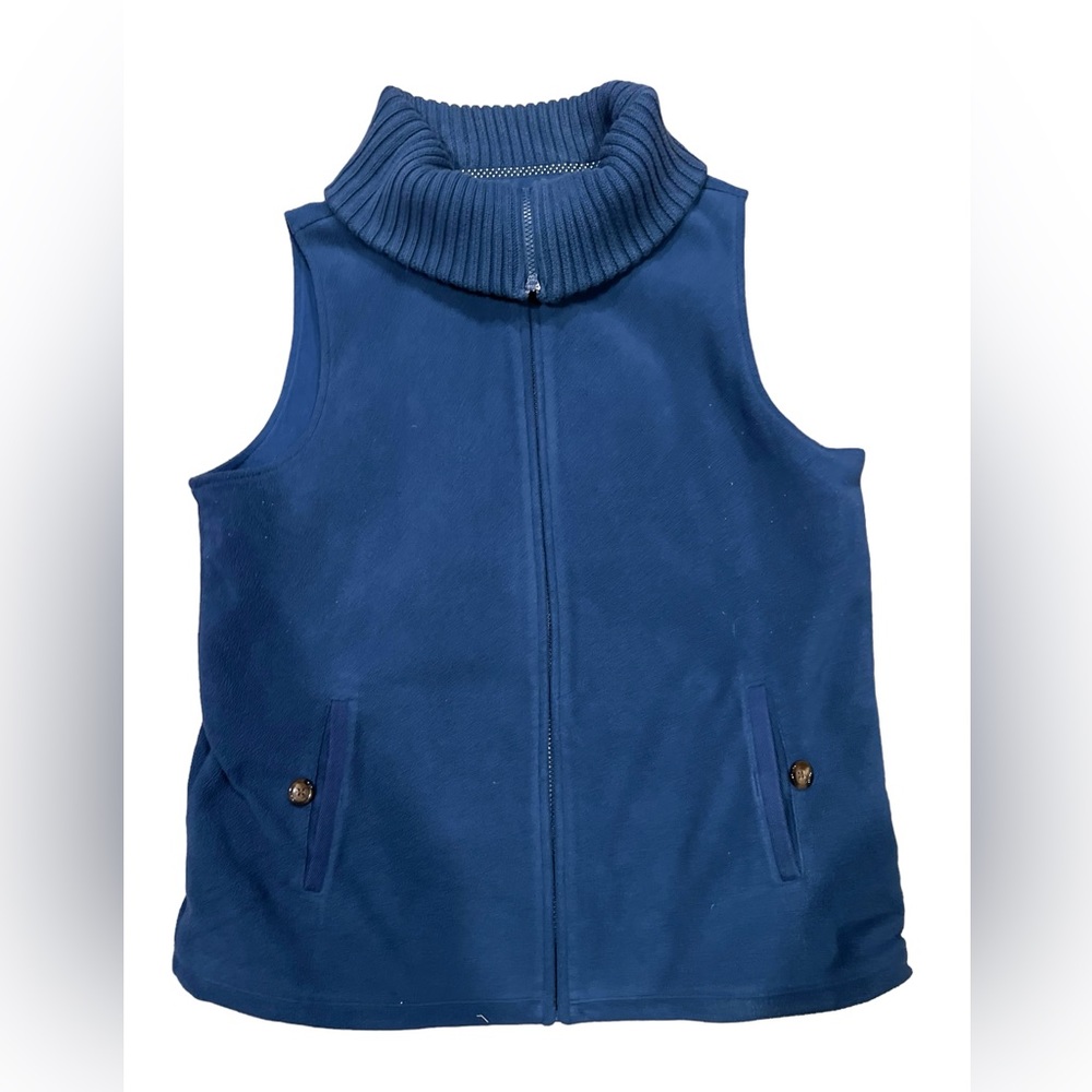 Lands End Fleece Vest Womens Sz L 14-16 Blue Full Zip Knit Collar Pockets Casual